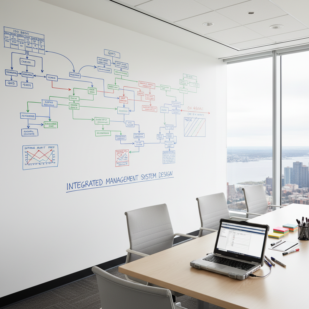 A pristine whiteboard wall in a minimalist conference room, covered in precisely drawn process maps, risk matrices, and color-coded arrows representing integrated ISO 9001, 14001, and 45001 management systems. Several ergonomic chairs surround a long, light-wood table scattered with high-quality pens, sticky-note stacks, and a rugged laptop open to a detailed audit checklist. Large windows reveal a cool, overcast Canadian skyline, with soft natural light diffused evenly across the scene, eliminating harsh contrasts. Photographic realism at a slightly elevated wide-angle, maintaining sharp focus throughout the room. The atmosphere is calm and methodical, highlighting structured planning and systematic improvement, perfect for illustrating professional ISO consultancy workshops and internal audit preparation sessions.