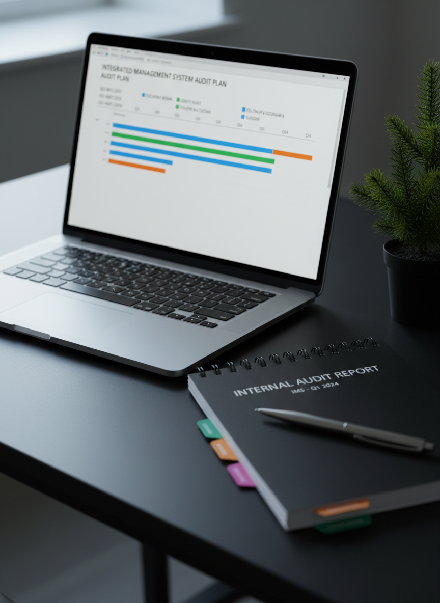 A close-up, photographic view of a high-end laptop on a matte black desk, its screen displaying a sophisticated audit schedule for ISO 9001, 14001, and 45001, with clearly segmented timelines and color-coded milestones. Beside it, a thick, spiral-bound internal audit report with neatly tabbed sections, a stainless steel pen, and a small potted evergreen plant adding a subtle Canadian touch. Cool, directional light from a nearby window creates soft highlights on the laptop’s brushed metal finish and faint shadows along the report’s edges. Shot from a shallow, three-quarter angle with selective focus on the report title area, the background gently blurred. The mood is precise, focused, and highly professional, ideal for conveying rigorous documentation and audit planning in ISO consulting.